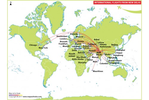 International Flights Map from Delhi